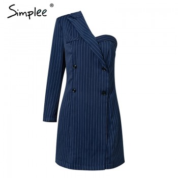 One shoulder striped suit sexy dress A-line short women dress office lady Casual autumn winter dress blazer Navy Blue